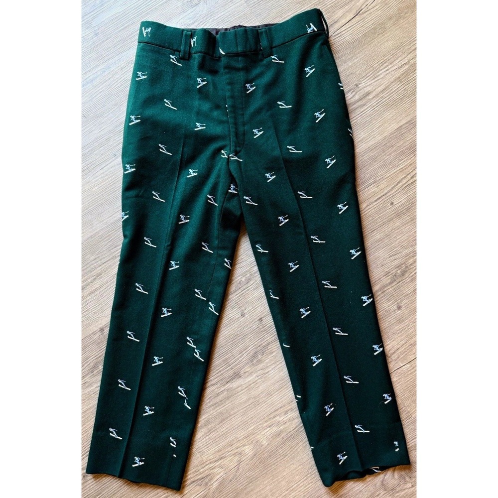 Chipp Green Wool Pants Embroidered Skiers 32x27 Ivy GTH Vintage 60s 70s